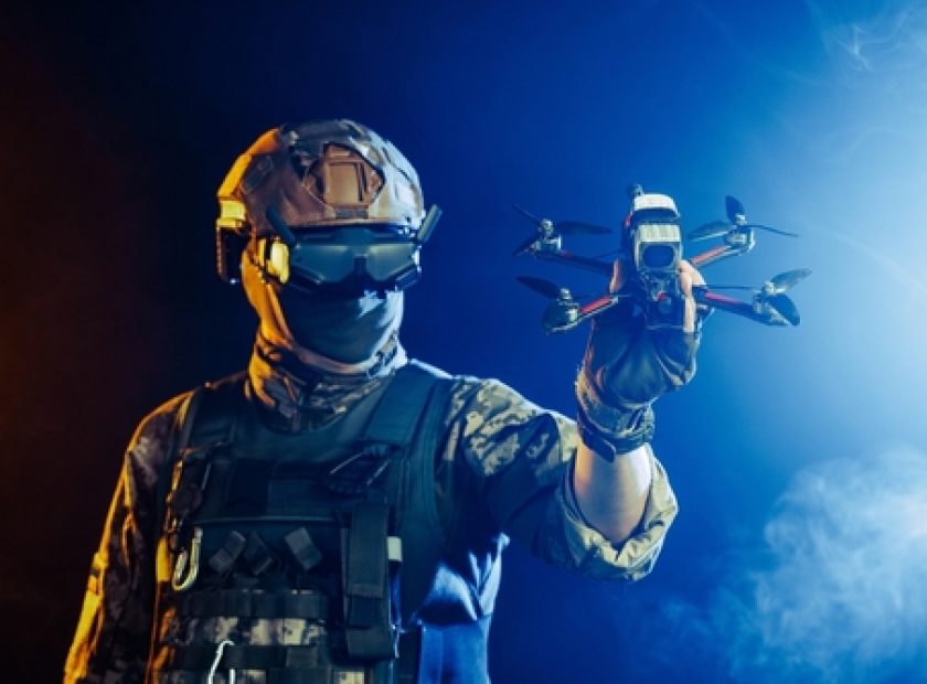 Soldier,In,Gear,Holds,Drone,Against,A,Red,And,Blue